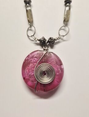 Pink Glass Pendant Necklace with Silver Spiral Accent